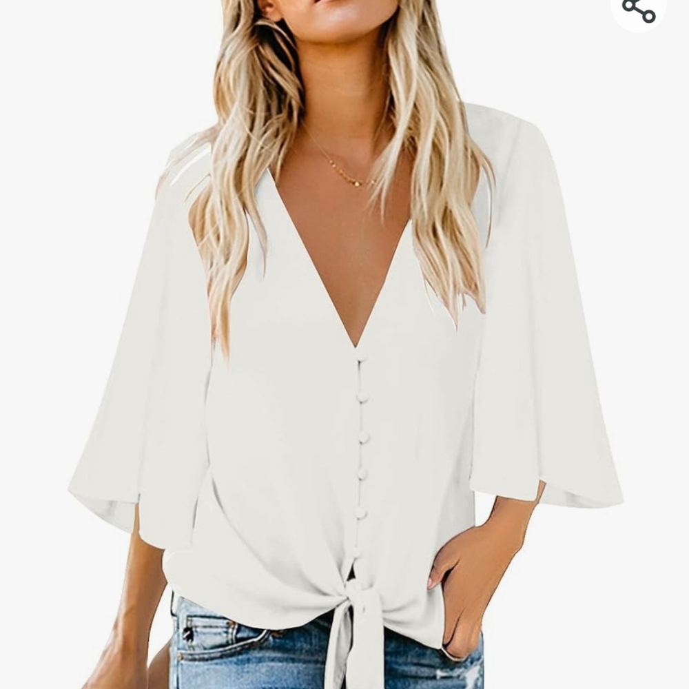 Casual Blouse Half Bell Sleeve Crewneck Keyhole